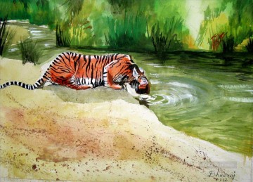 tigre assoiffé Peinture à l'huile